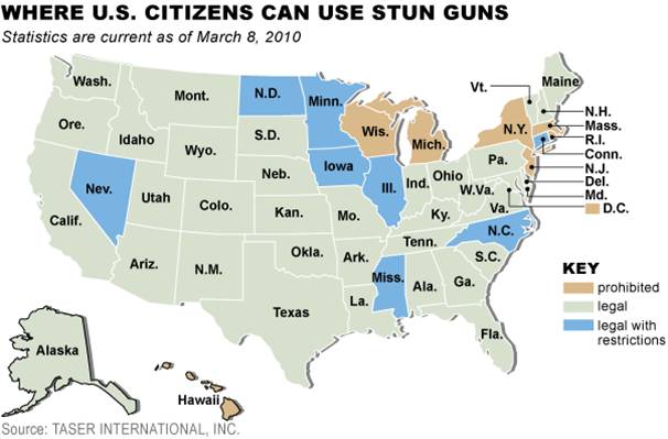 This map shows state, stun gun, taser, laws in U.S.states