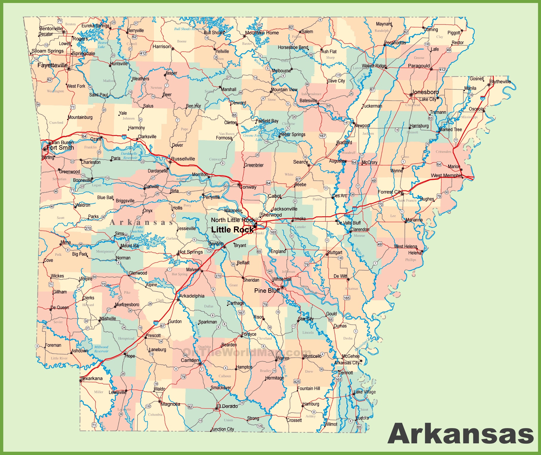 This map shows cities, towns, counties, interstate highways, U.S. highways, state highways, main roads, rivers, lakes and secondary roads in Arkansas