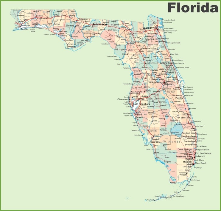 This map shows cities, towns, lakes, rivers, counties, interstate highways, U.S. highways, state highways, main roads and secondary roads in Florida.