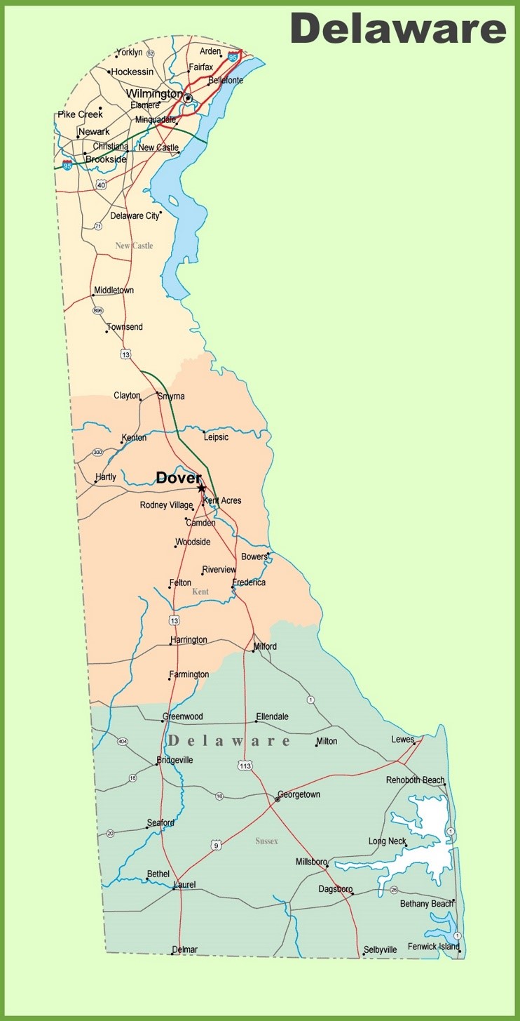 This map shows cities, towns, counties, interstate highways, U.S. highways, state highways and main roads in Delaware.