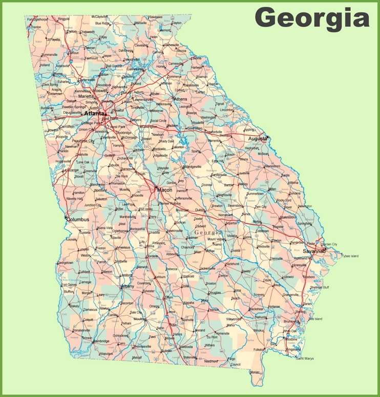This map shows cities, towns, counties, interstate highways, U.S. highways, state highways, main roads and secondary roads in Georgia.