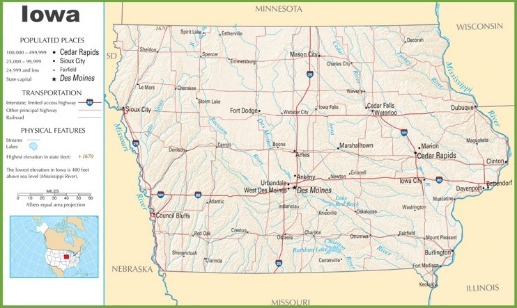 This map shows cities, towns, interstate highways, U.S. highways, state highways, railroads, rivers, lakes and landforms in Iowa.
