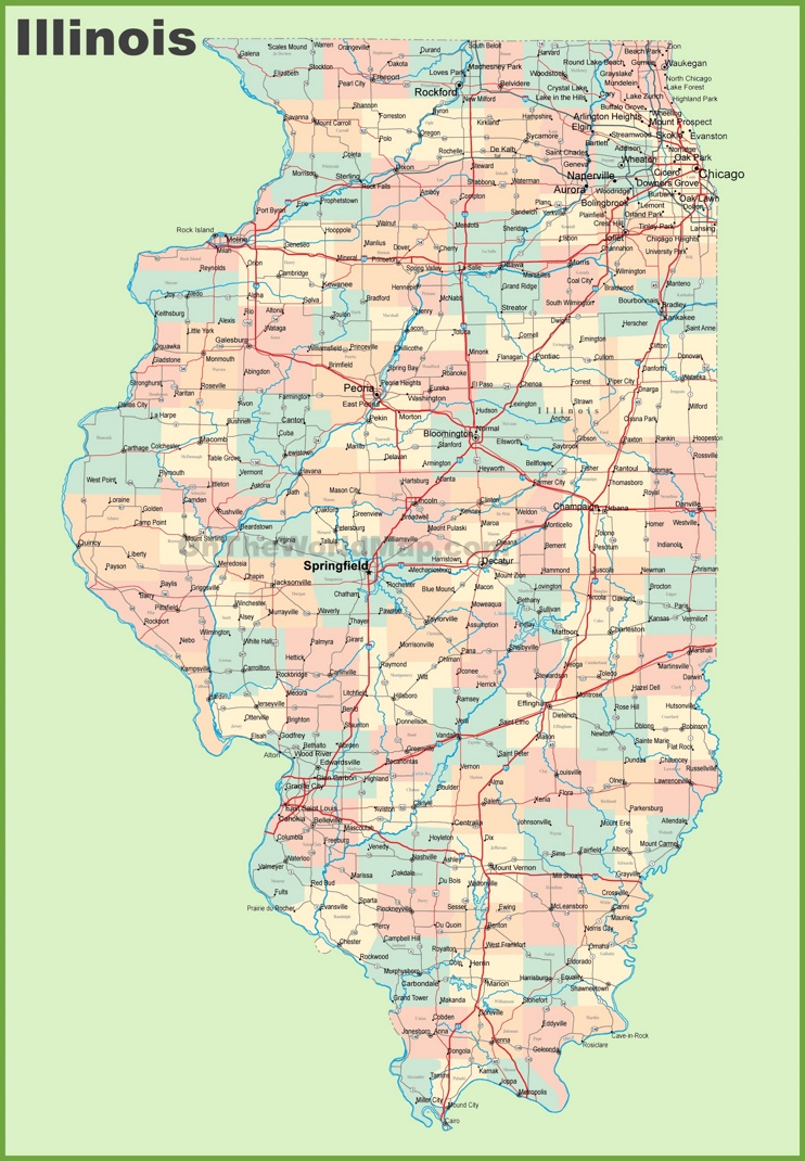 This map shows cities, towns, counties, interstate highways, U.S. highways, state highways, main roads and secondary roads in Illinois.