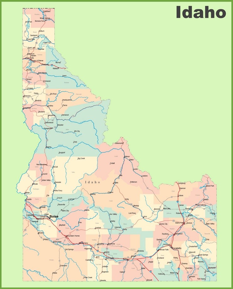 This map shows cities, towns, counties, interstate highways, U.S. highways, state highways, main roads and secondary roads in Idaho.