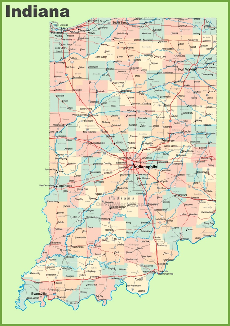 This map shows cities, towns, counties, main roads and secondary roads in Indiana.