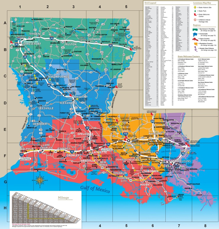 This map shows cities, towns, interstate highways, U.S. highways, state highways, main roads, rivers, lakes, state historic sites, state parks, state welcome centers and UNESCO world heritage sites in Louisiana.