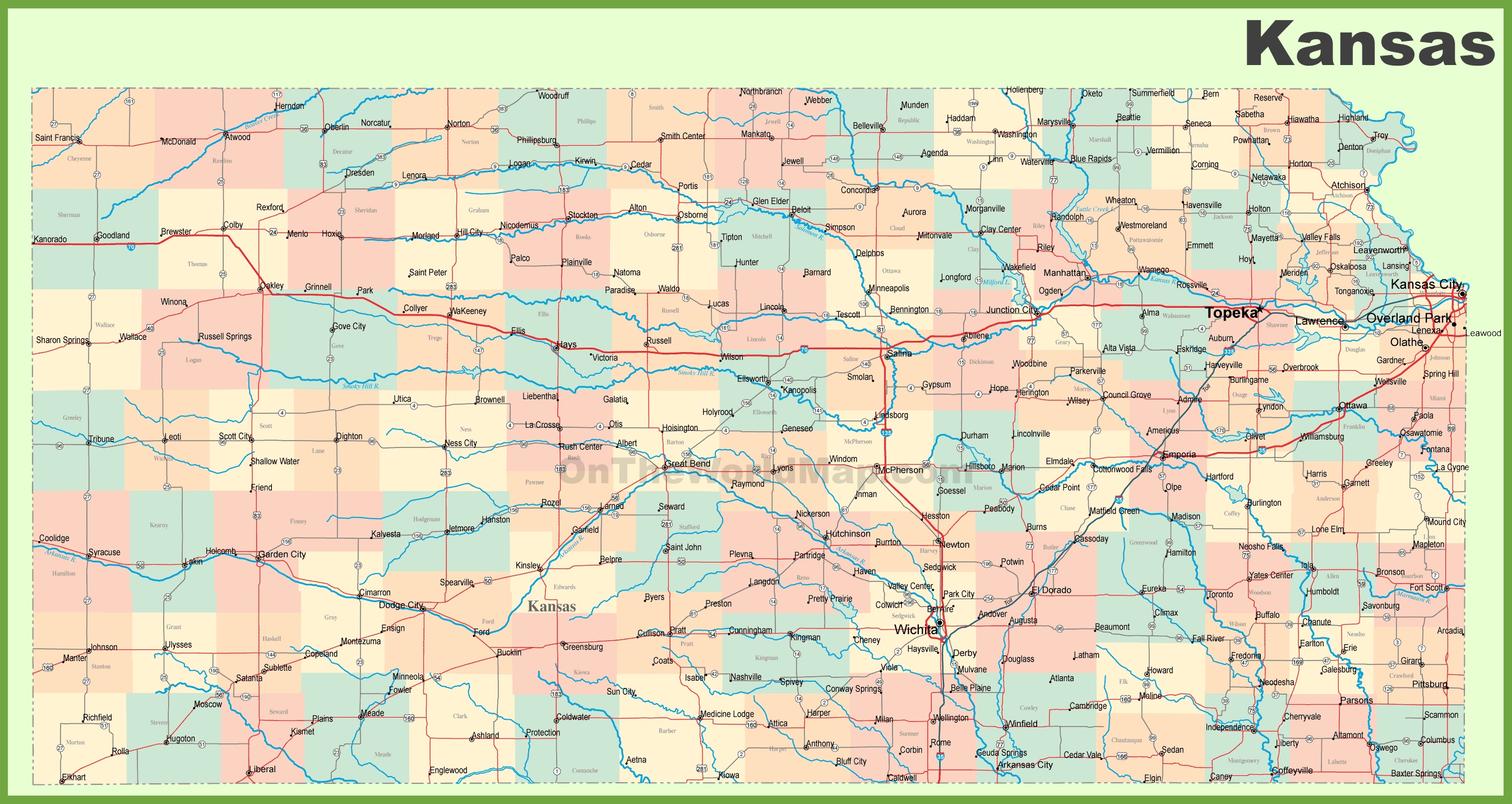 Road map of kansas with cities