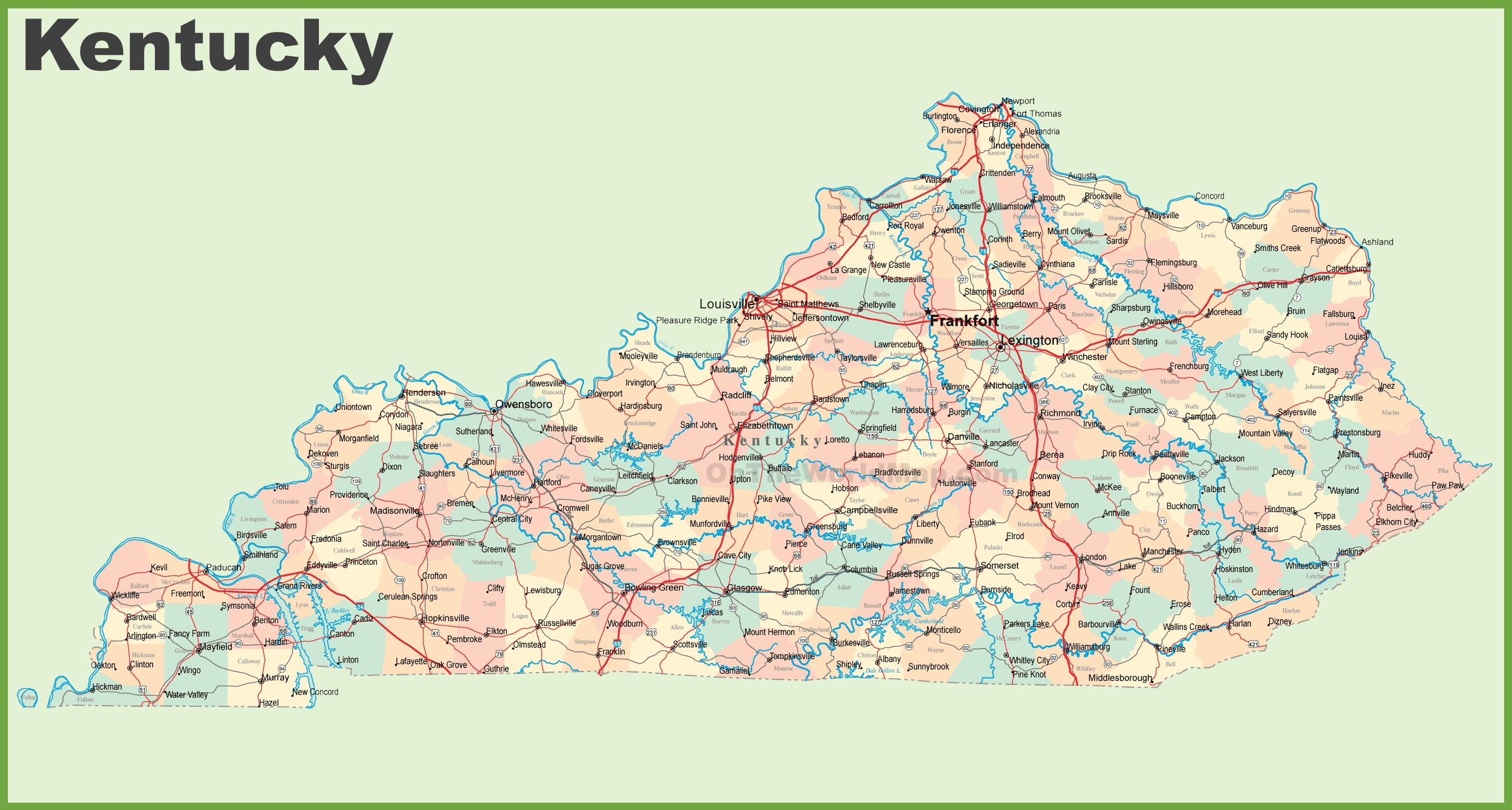 This map shows cities, towns, counties, main roads and secondary roads in Kentucky.